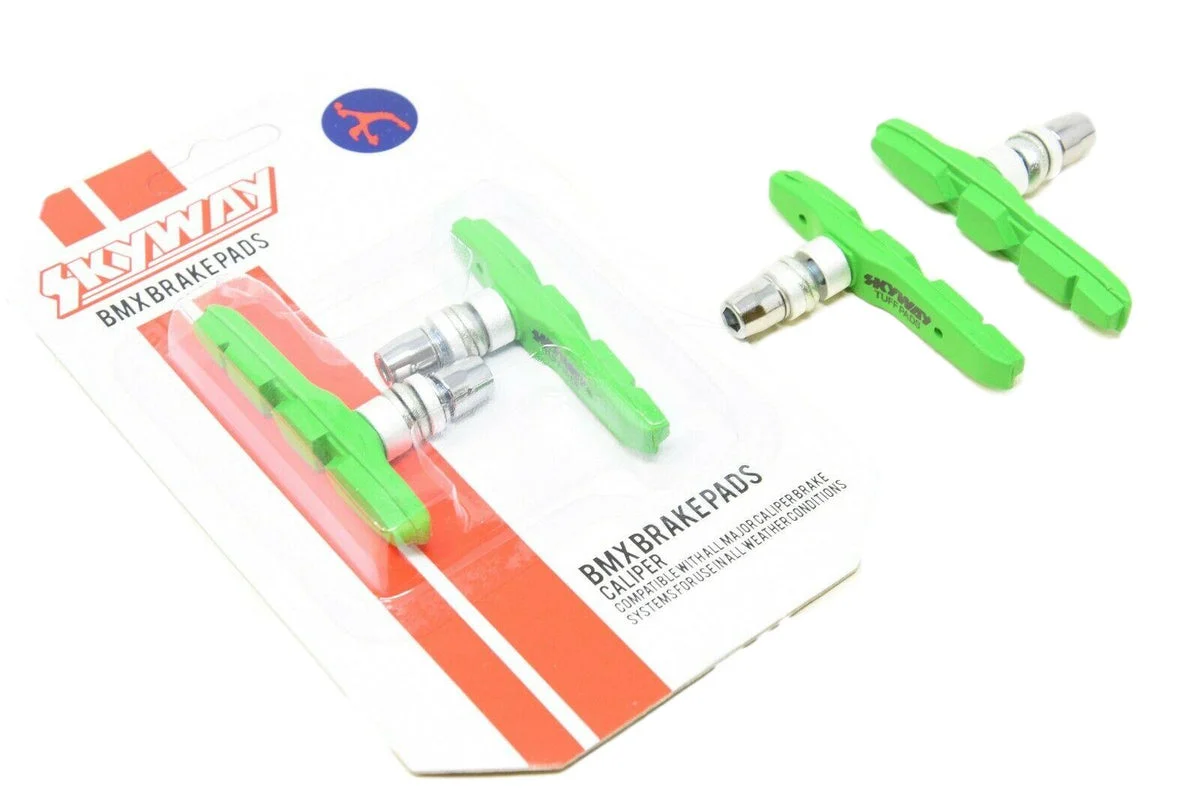 2 Pairs Skyway Tuff Bmx Brake Pads Mag Or Alloy Wheel Blocks Green BRSG