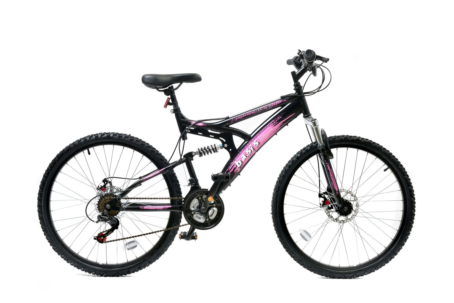 Basis 1 Full Suspension Mountain Bike – 26″ Wheel – 18 Speed Black Pink