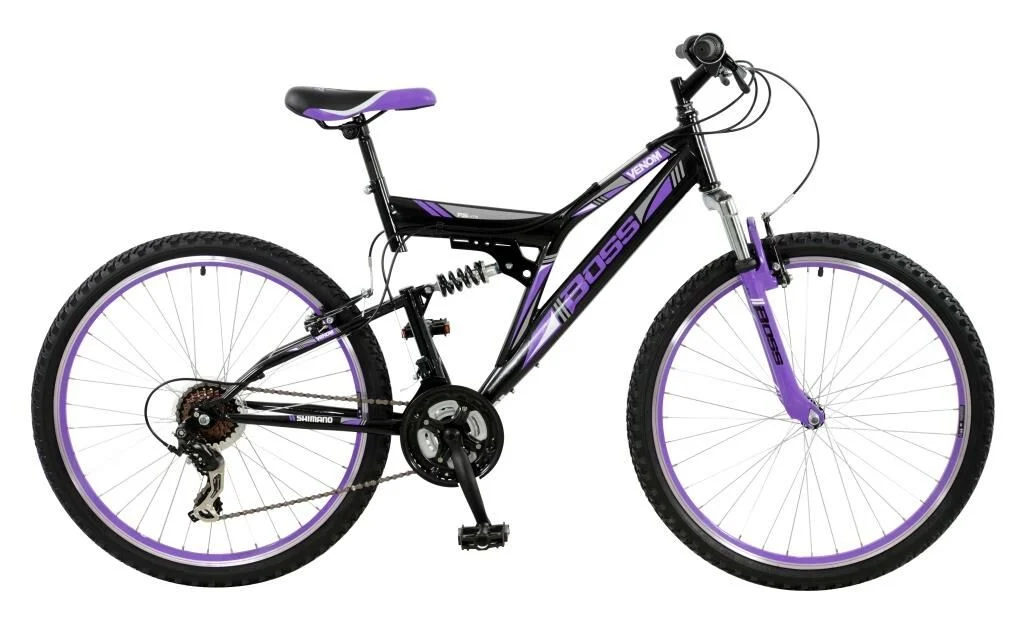 Boss Venom Ladies Full Suspension Mountain Bike, 18″ Frame, 26″ Wheel – Black/Purple