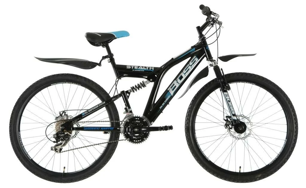 Boss Stealth Full Suspension Mountain Bike, 26″ Wheel, 18.5″ Frame – Black/Silver/Blue