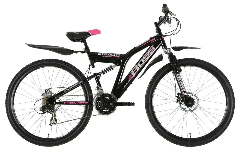 Boss Stealth Ladies Full Suspension Mountain Bike, 26″ Wheel, 18.5″ Frame – Black/Silver/Pink