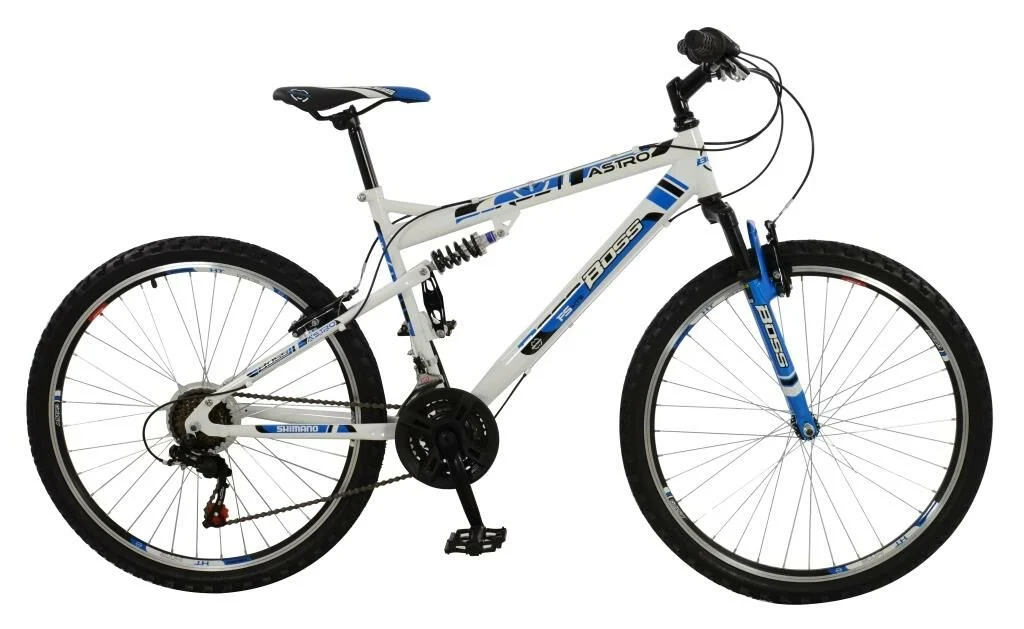 Boss Astro Mens Full Suspension Mountain Bike , 26″ Wheel, 18″ Frame – White/Black/Blue