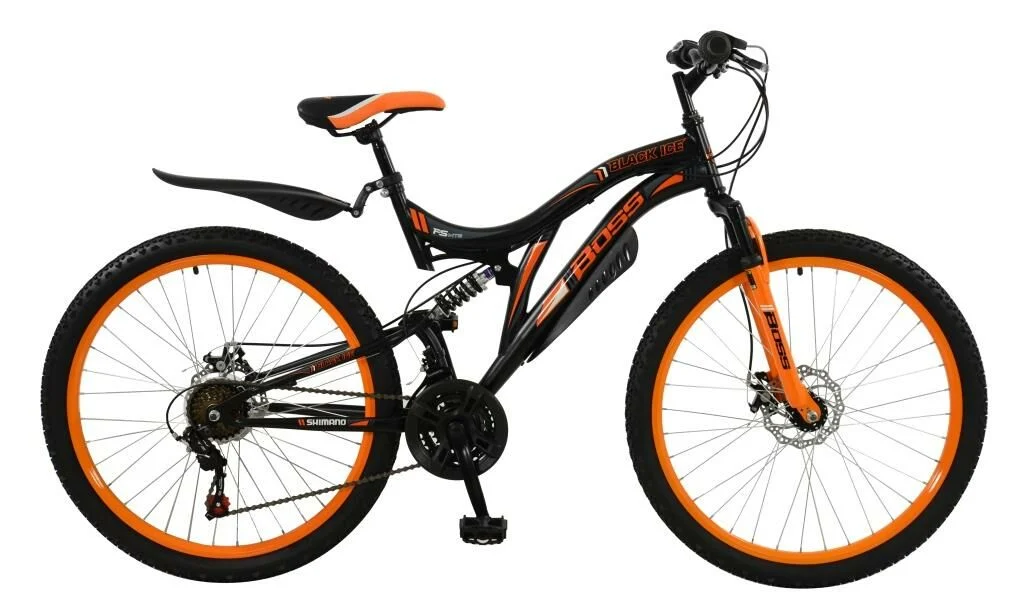 Boss Black Ice Mens Full Suspension Mountain Bike, 26″ Wheel – Black/Orange