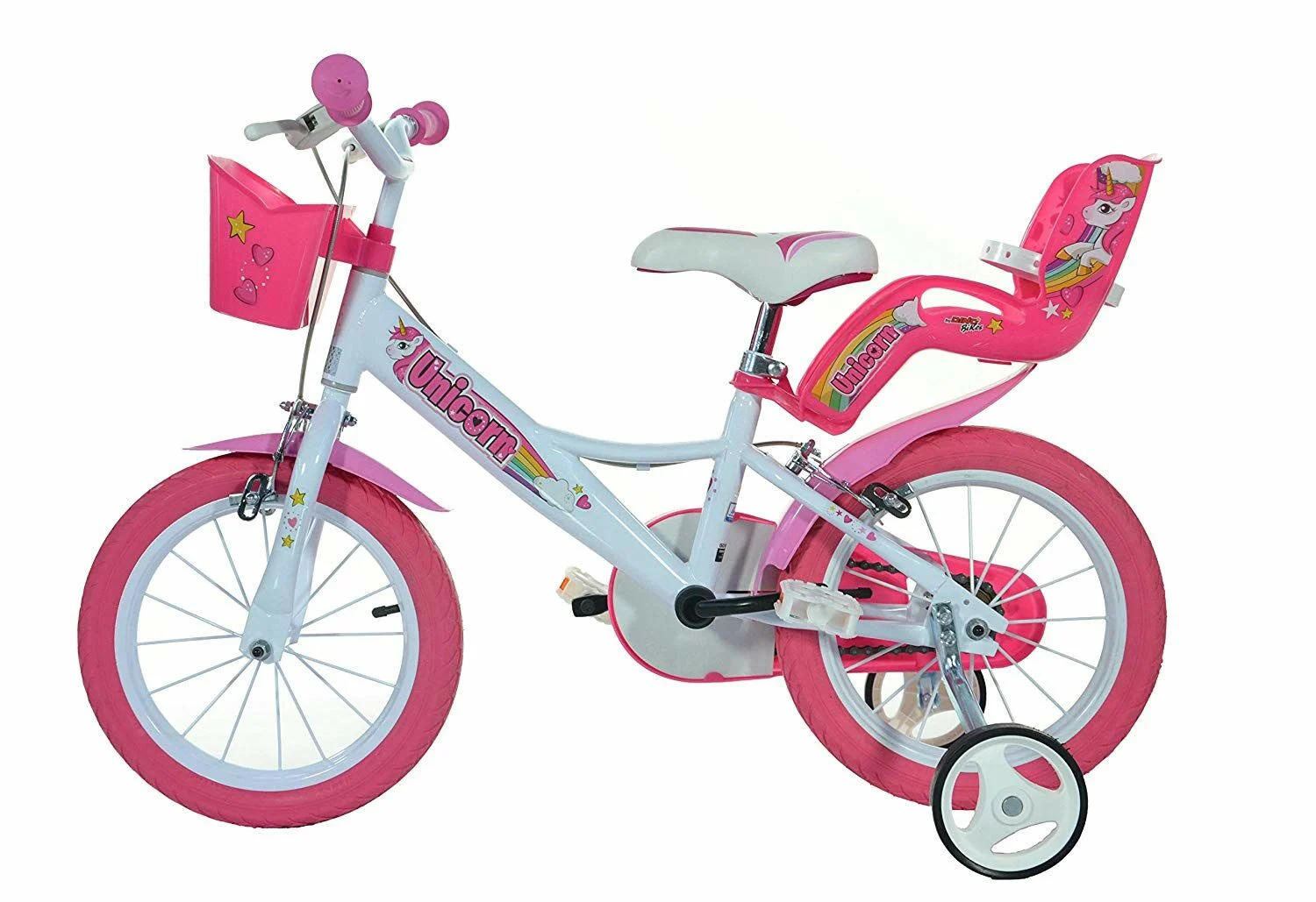 Dino Unicorn Girls Bicycle 14″ With Stabilisers – White/Pink