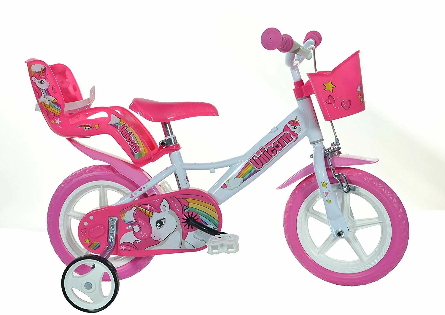 Dino Unicorn Girls 12″ First Bicycle With Stabilisers – White/Pink