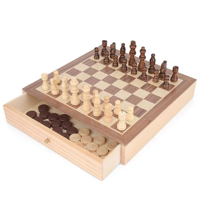 Toyrific Wooden 2 In 1 Chess & Draughts Set with Drawer Storage