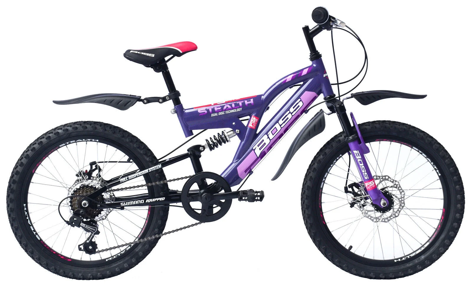 Boss Stealth Junior Full Suspension Mountain Bike, 20″ Wheel, 11″ Frame – Purple