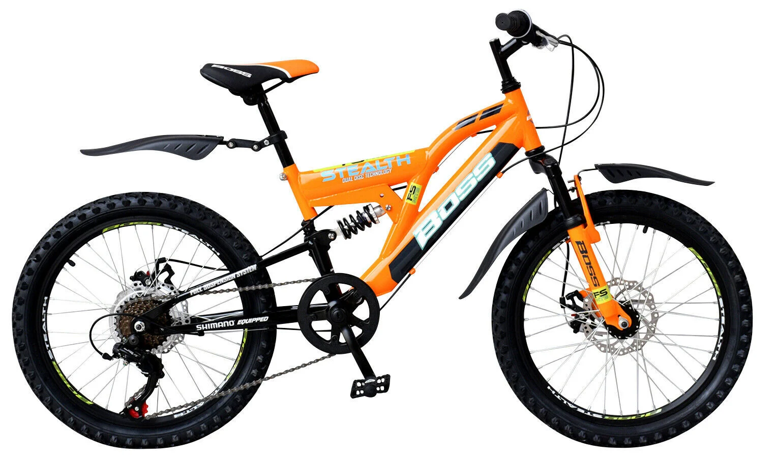 Boss Stealth Junior Full Suspension Mountain Bike, 20″ Wheel, 11″ Frame – Orange