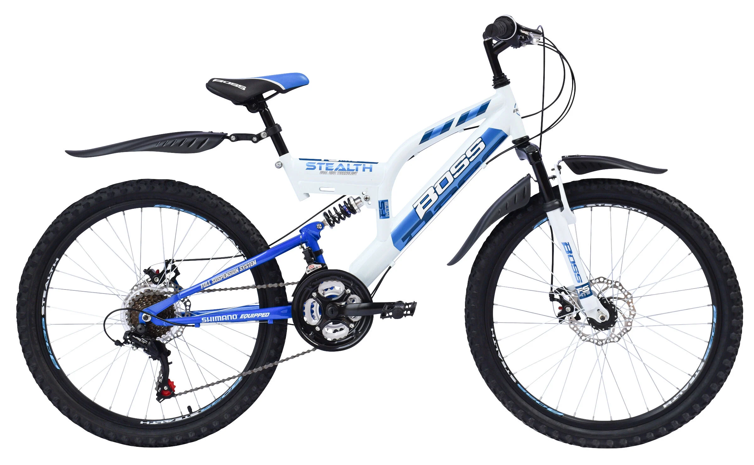 Boss Stealth Junior Full Suspension Mountain Bike, 24″ Wheel, 14.5″ Frame – White