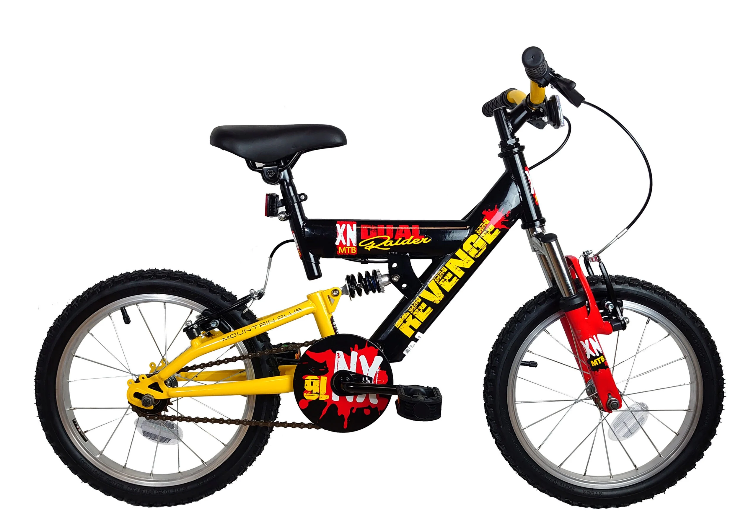 XN Revenge Boys Full Suspension Mountain Bike, 16″ Wheel – Black/Yellow/Red
