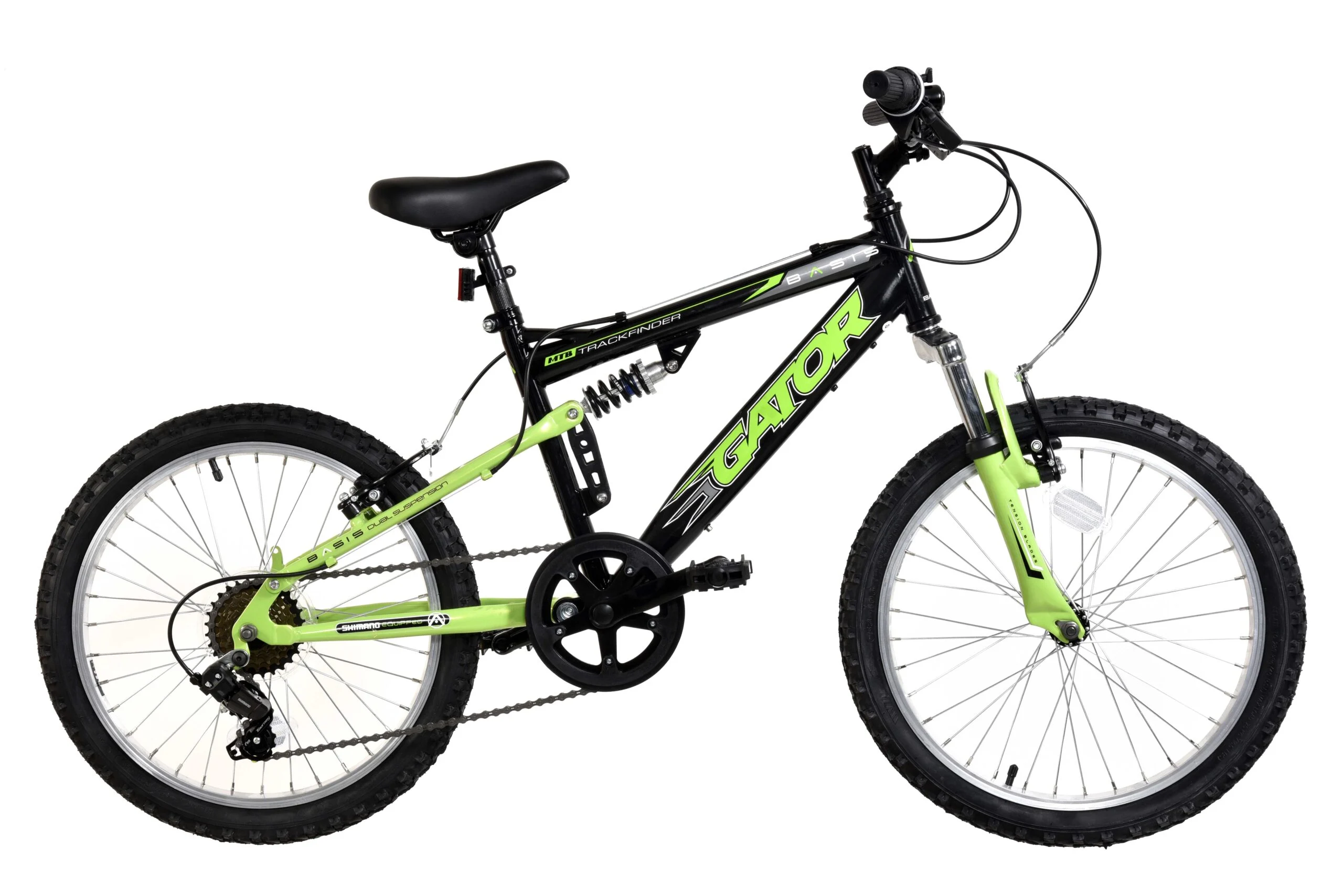 Basis Gator Junior Full Sus Mountain Bike, 20″ Wheel – Gloss Black/Green