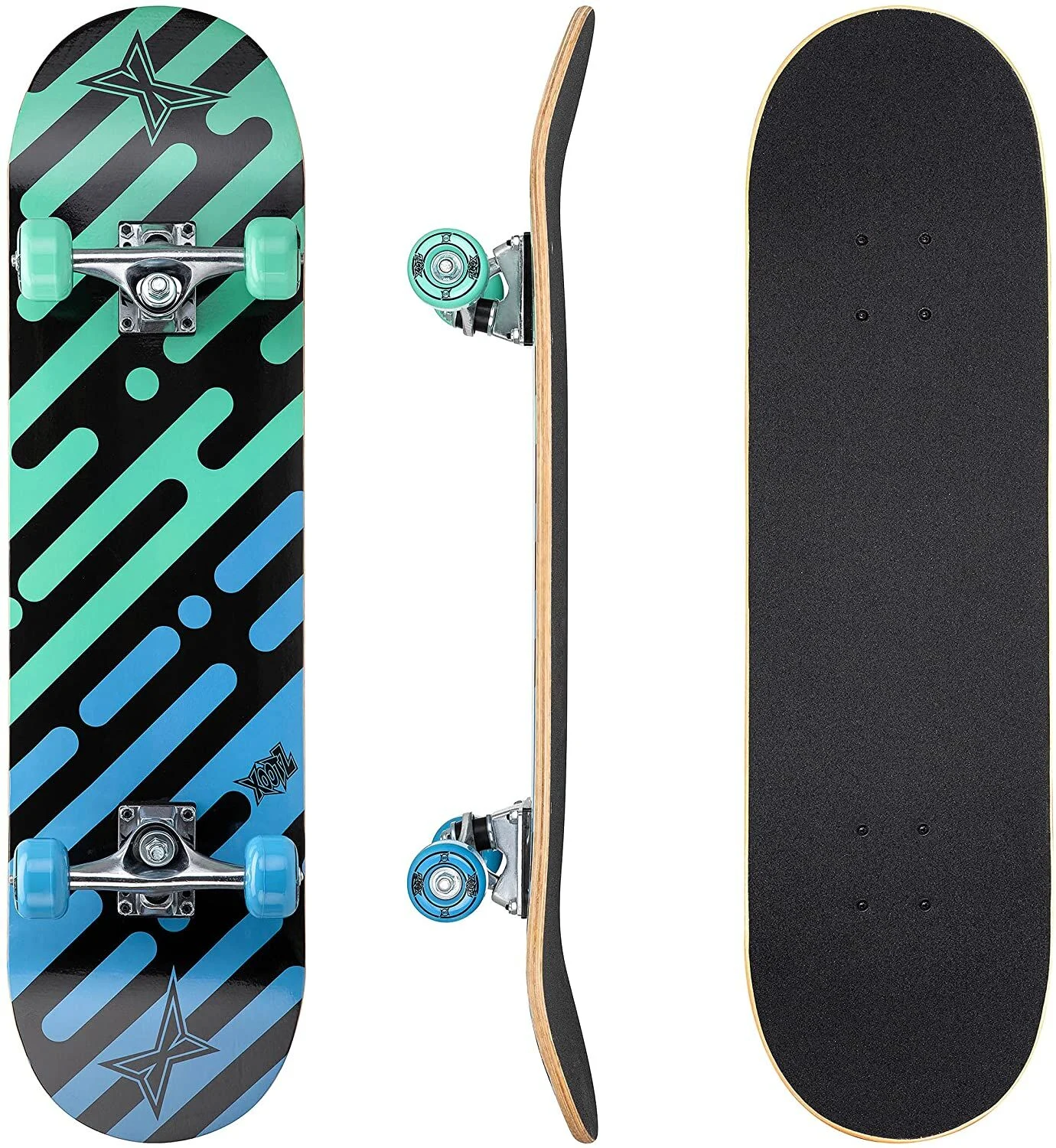 Xootz Deviate Doublekick Skateboard 31″ – Black/Blue/Green