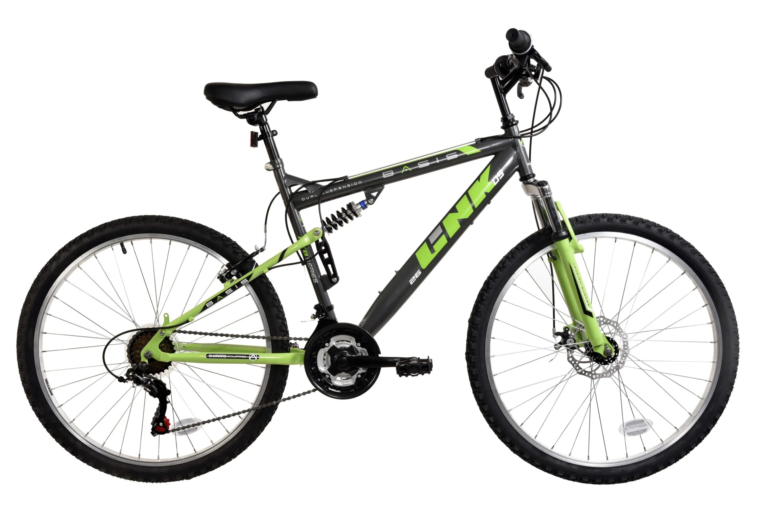 Basis Link DS Full Suspension Mountain Bike, 26″ Wheel – Graphite/Lime