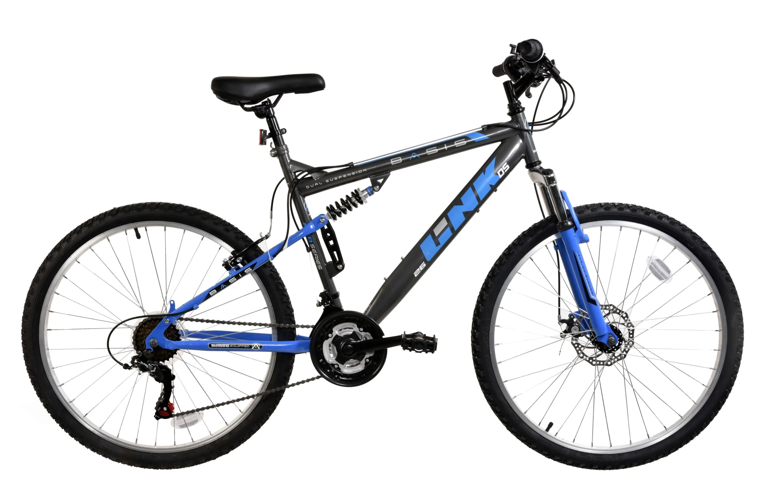 Basis Link DS Full Suspension Mountain Bike, 26″ Wheel – Graphite/Blue