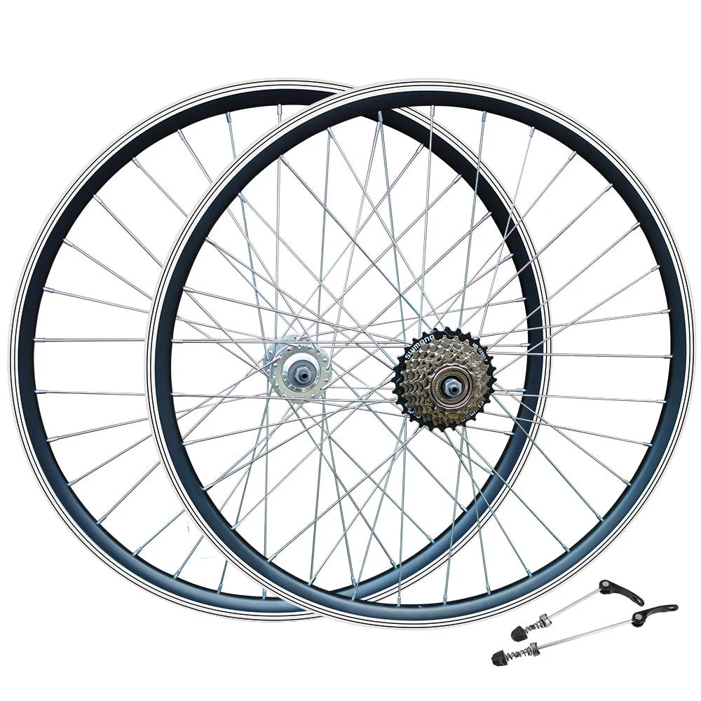 QR 700c (ETRTO 622x15) Road Racing Bike FRONT REAR Wheel Set 6/7 Speed Shimano Freewheel - Sealed Bearings Hubs - Double Wall - 32x Silver Spokes