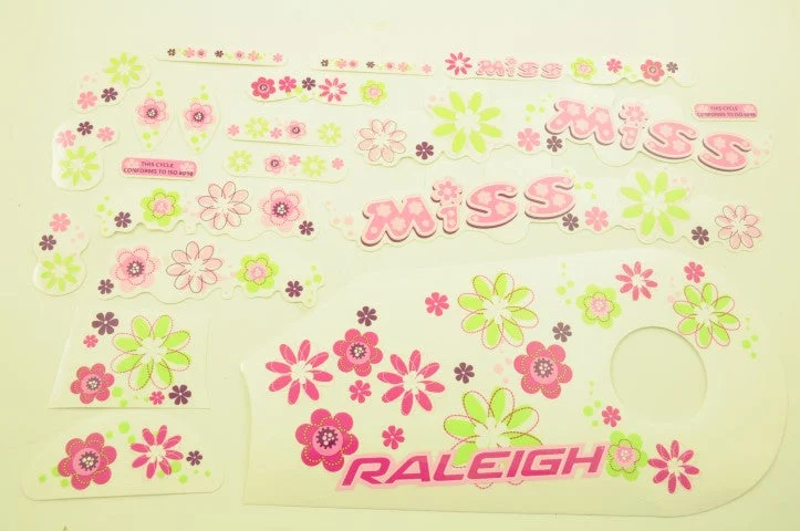 ORIGINAL RALEIGH 14” MINI MISS GIRLIE BIKE DECAL TRANSFER STICKER SET PINK, PURPLE, GREEN